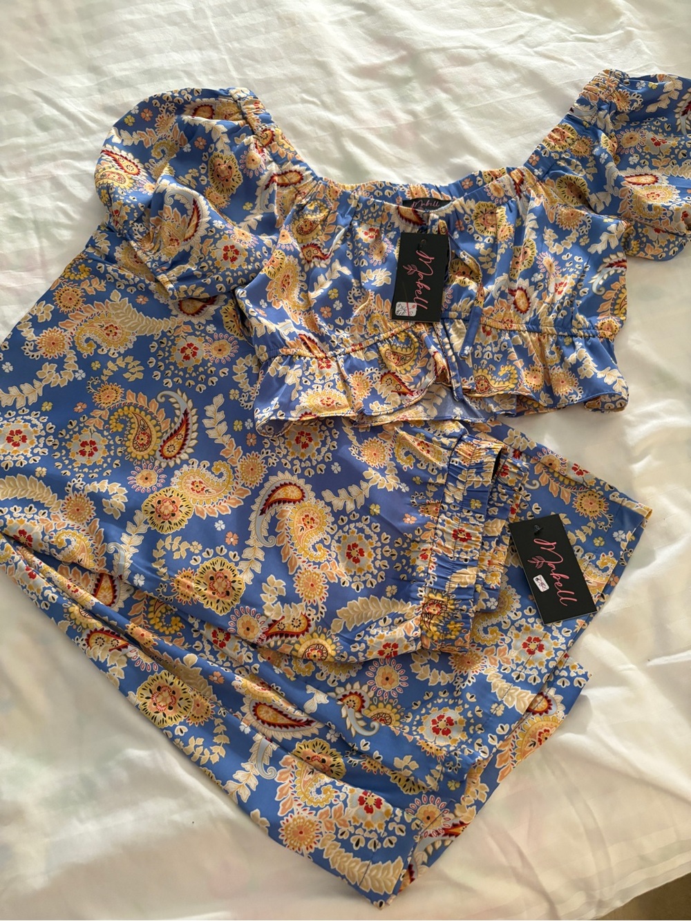 NWT Blue and yellow paisley matching set Sz Small